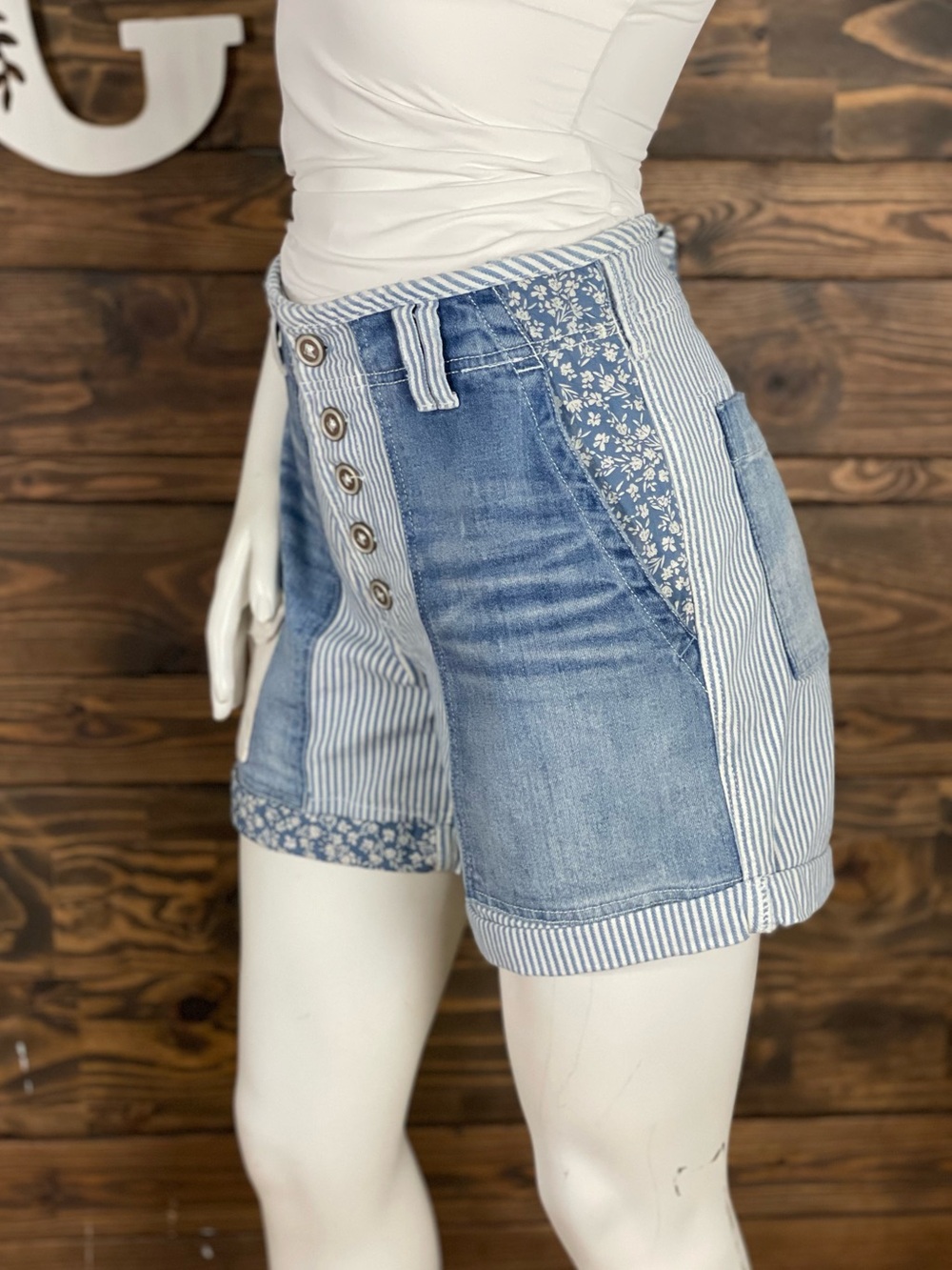 Pilcro The Wanderer Utility Medium Wash Patchwork Denim Shorts High-Rise Striped